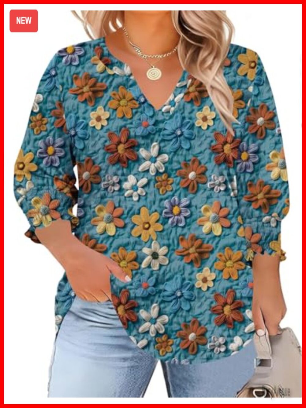 Plus Size Womens 3/4 Sleeve V Neck Blouse Smocked Cuffs Floral Tunic Top Stretch